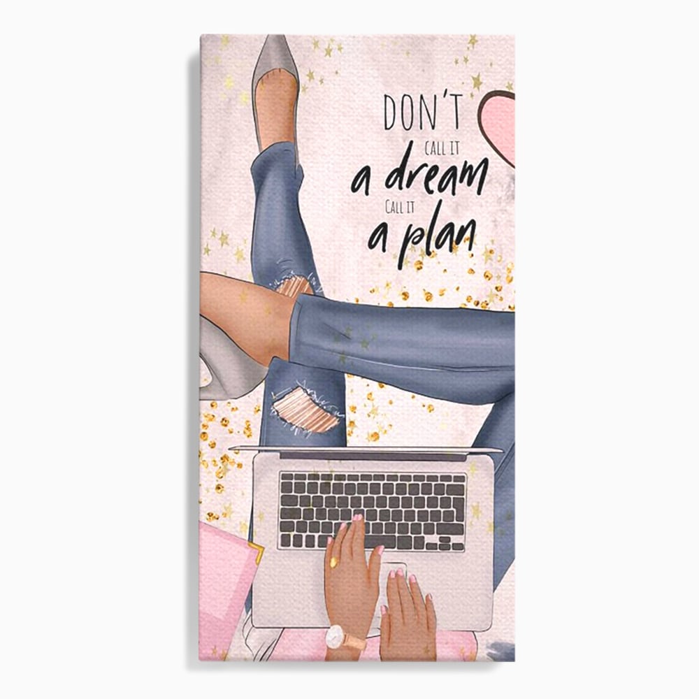 Tablou Canvas Premium, LuxCanva® Q1019, Ambitie cu Stil, Plan, Vis, Cariera, Business, Laptop, Cafea, Munca, Motivational, Feminin, Birou, Dormitor