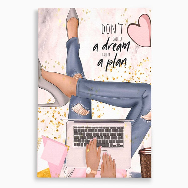 Tablou Canvas Premium, LuxCanva® Q1019, Ambitie cu Stil, Plan, Vis, Cariera, Business, Laptop, Cafea, Munca, Motivational, Feminin, Birou, Dormitor
