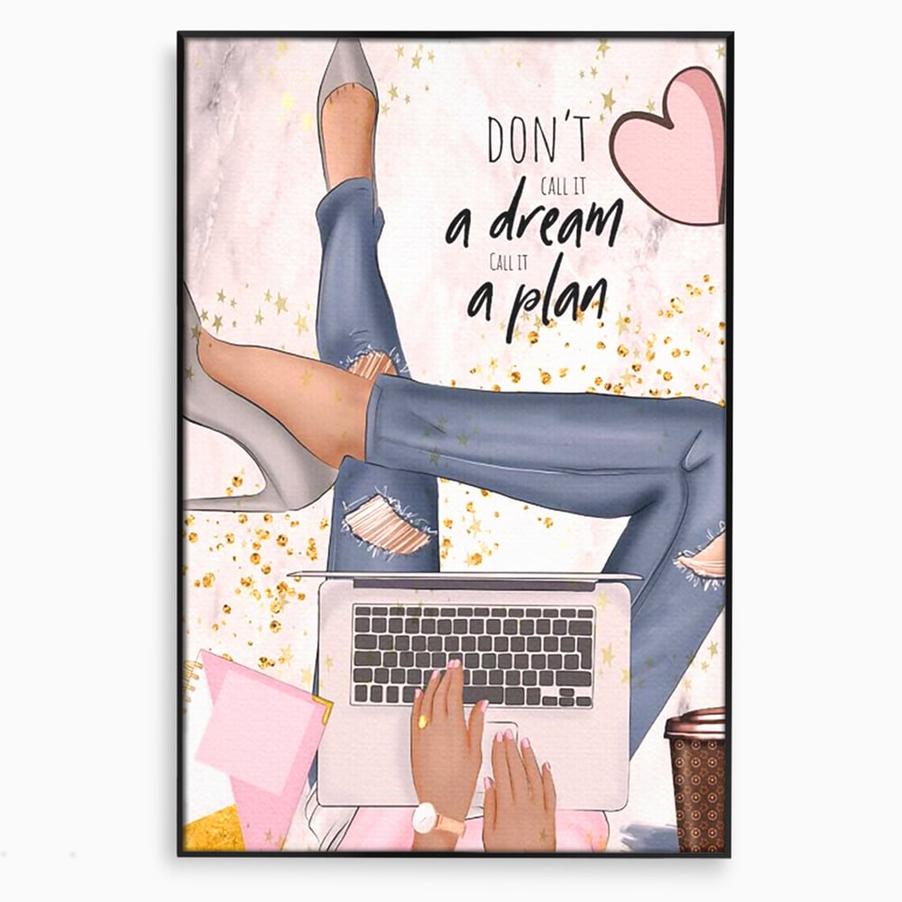 Tablou Canvas Premium, LuxCanva® Q1019, Ambitie cu Stil, Plan, Vis, Cariera, Business, Laptop, Cafea, Munca, Motivational, Feminin, Birou, Dormitor