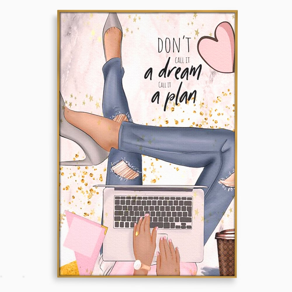 Tablou Canvas Premium, LuxCanva® Q1019, Ambitie cu Stil, Plan, Vis, Cariera, Business, Laptop, Cafea, Munca, Motivational, Feminin, Birou, Dormitor