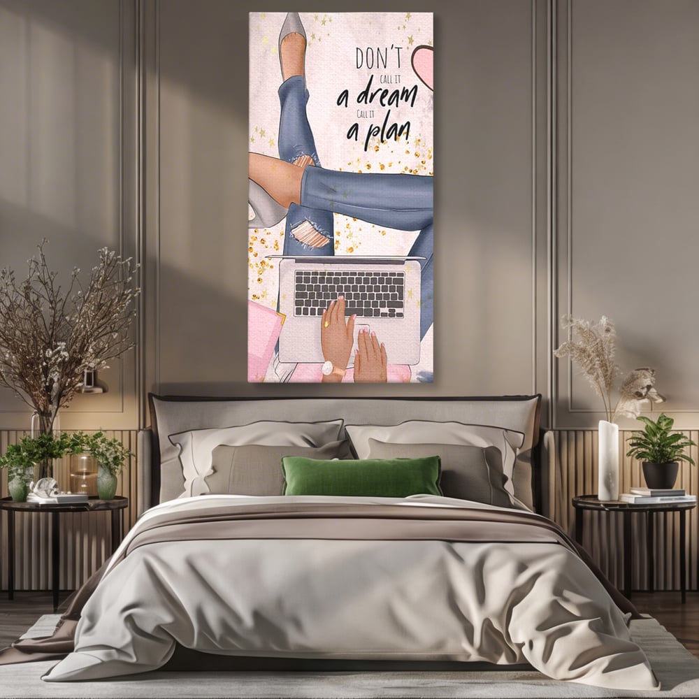 Tablou Canvas Premium, LuxCanva® Q1019, Ambitie cu Stil, Plan, Vis, Cariera, Business, Laptop, Cafea, Munca, Motivational, Feminin, Birou, Dormitor