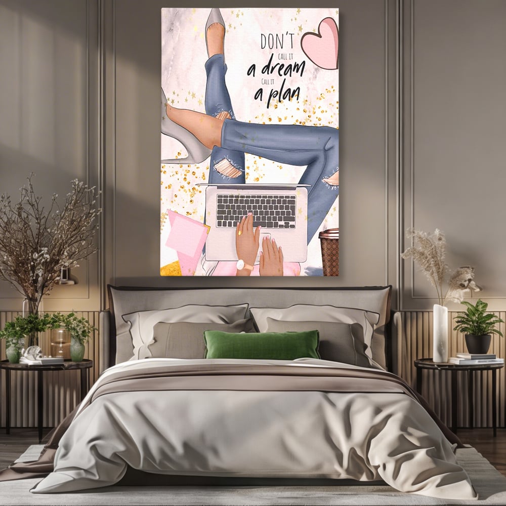 Tablou Canvas Premium, LuxCanva® Q1019, Ambitie cu Stil, Plan, Vis, Cariera, Business, Laptop, Cafea, Munca, Motivational, Feminin, Birou, Dormitor