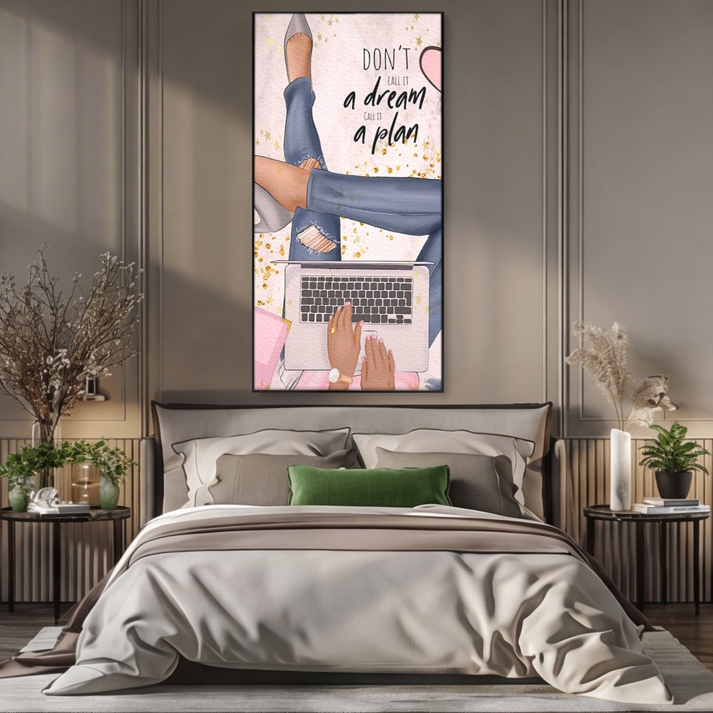 Tablou Canvas Premium, LuxCanva® Q1019, Ambitie cu Stil, Plan, Vis, Cariera, Business, Laptop, Cafea, Munca, Motivational, Feminin, Birou, Dormitor