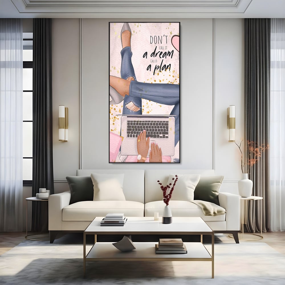 Tablou Canvas Premium, LuxCanva® Q1019, Ambitie cu Stil, Plan, Vis, Cariera, Business, Laptop, Cafea, Munca, Motivational, Feminin, Birou, Dormitor