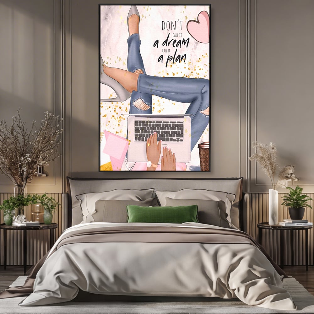 Tablou Canvas Premium, LuxCanva® Q1019, Ambitie cu Stil, Plan, Vis, Cariera, Business, Laptop, Cafea, Munca, Motivational, Feminin, Birou, Dormitor
