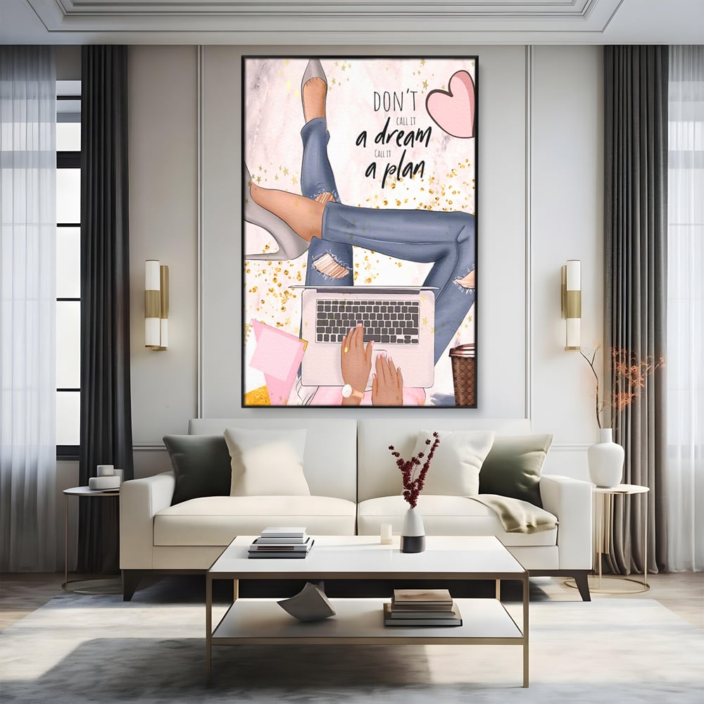 Tablou Canvas Premium, LuxCanva® Q1019, Ambitie cu Stil, Plan, Vis, Cariera, Business, Laptop, Cafea, Munca, Motivational, Feminin, Birou, Dormitor