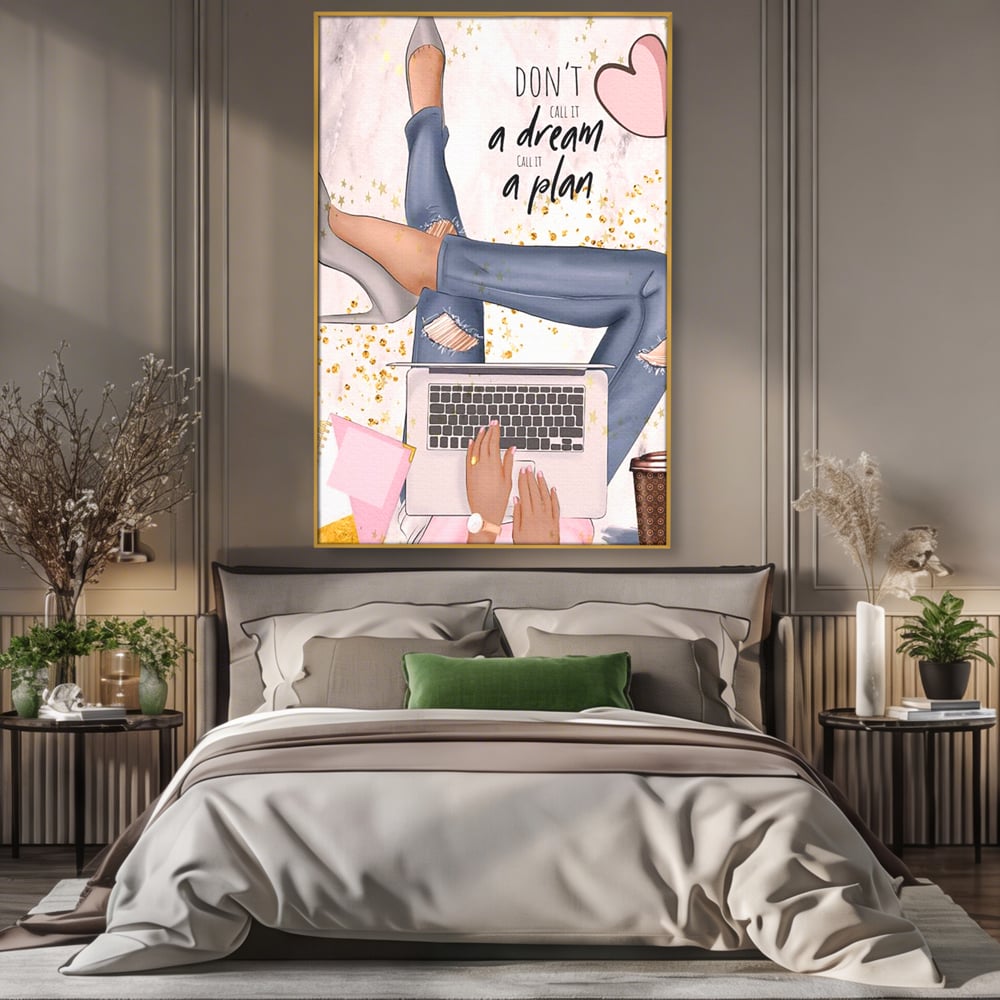 Tablou Canvas Premium, LuxCanva® Q1019, Ambitie cu Stil, Plan, Vis, Cariera, Business, Laptop, Cafea, Munca, Motivational, Feminin, Birou, Dormitor