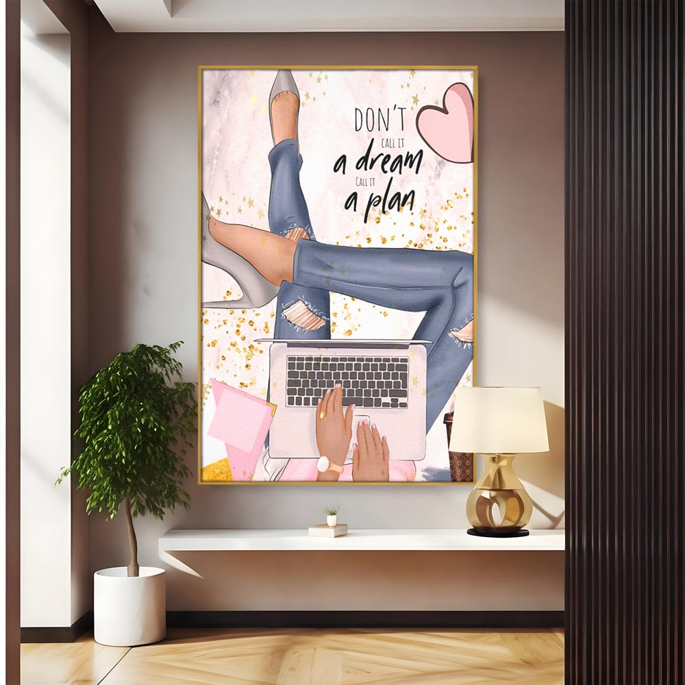 Tablou Canvas Premium, LuxCanva® Q1019, Ambitie cu Stil, Plan, Vis, Cariera, Business, Laptop, Cafea, Munca, Motivational, Feminin, Birou, Dormitor