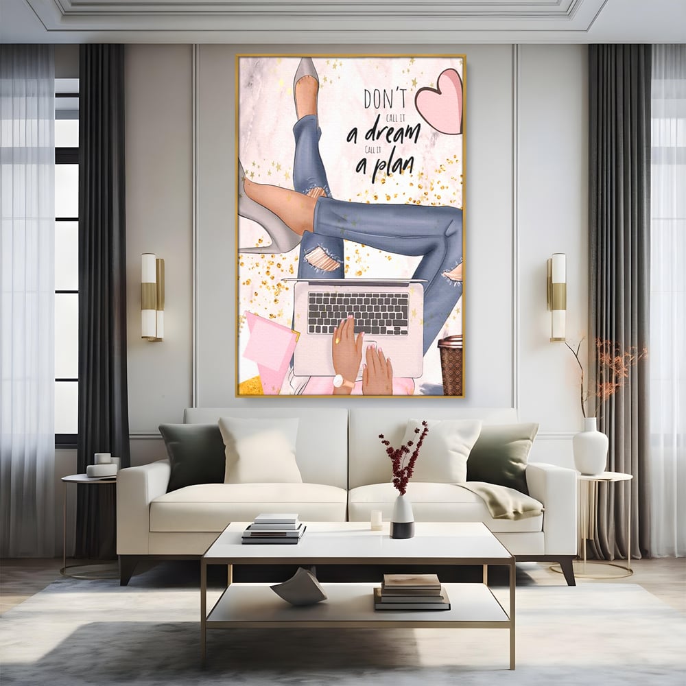 Tablou Canvas Premium, LuxCanva® Q1019, Ambitie cu Stil, Plan, Vis, Cariera, Business, Laptop, Cafea, Munca, Motivational, Feminin, Birou, Dormitor