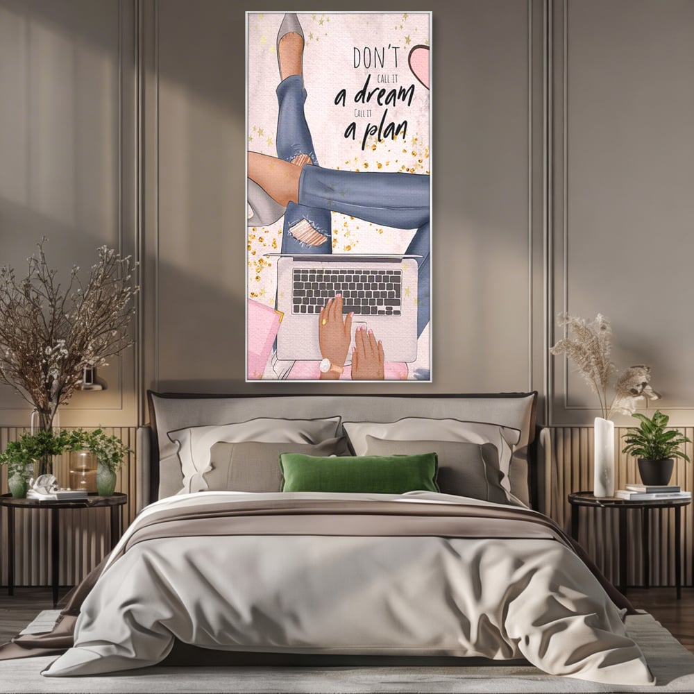 Tablou Canvas Premium, LuxCanva® Q1019, Ambitie cu Stil, Plan, Vis, Cariera, Business, Laptop, Cafea, Munca, Motivational, Feminin, Birou, Dormitor