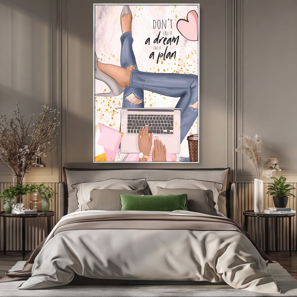 Tablou Canvas Premium, LuxCanva® Q1019, Ambitie cu Stil, Plan, Vis, Cariera, Business, Laptop, Cafea, Munca, Motivational, Feminin, Birou, Dormitor