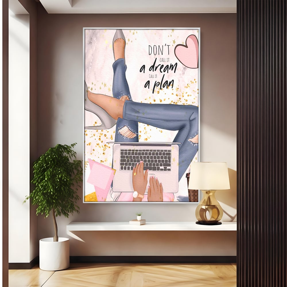 Tablou Canvas Premium, LuxCanva® Q1019, Ambitie cu Stil, Plan, Vis, Cariera, Business, Laptop, Cafea, Munca, Motivational, Feminin, Birou, Dormitor