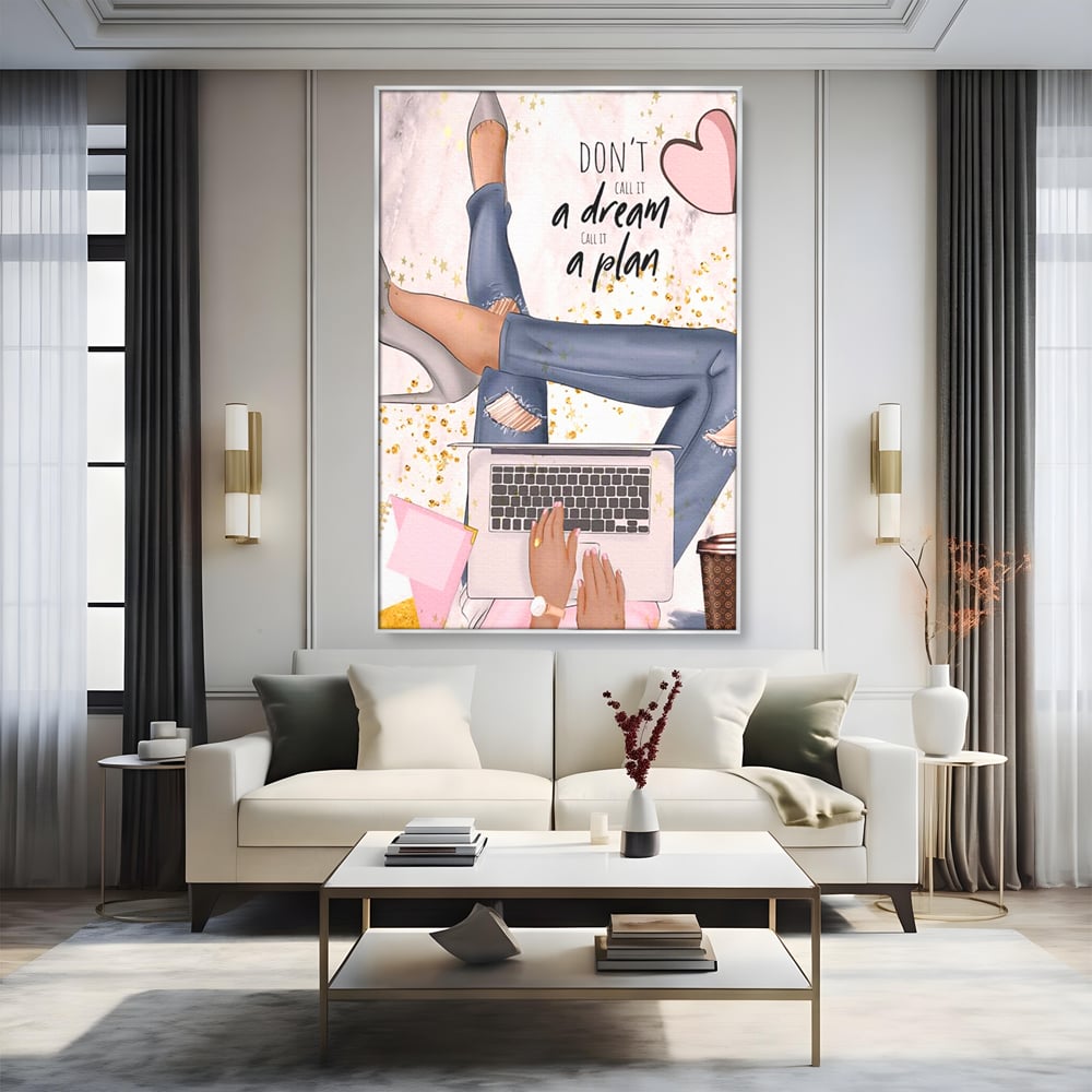 Tablou Canvas Premium, LuxCanva® Q1019, Ambitie cu Stil, Plan, Vis, Cariera, Business, Laptop, Cafea, Munca, Motivational, Feminin, Birou, Dormitor
