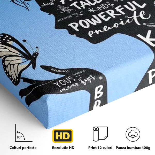 Tablou Canvas Premium, LuxCanva® Q1037, Identitate Inflorita,  Femeie, Fluture, Cuvinte, Mesaj, Motivational, Incredere, Armonie, Optimism, Birou, Dormitor