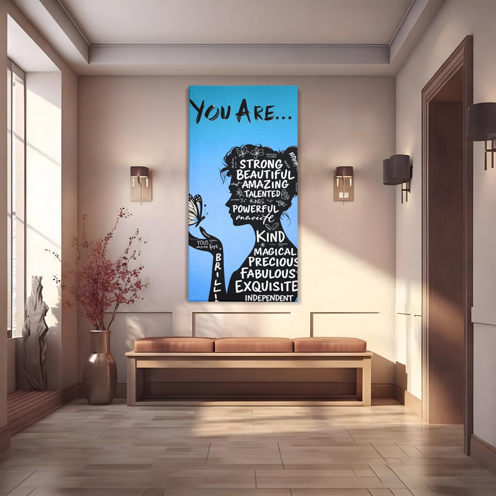 Tablou Canvas Premium, LuxCanva® Q1037, Identitate Inflorita,  Femeie, Fluture, Cuvinte, Mesaj, Motivational, Incredere, Armonie, Optimism, Birou, Dormitor
