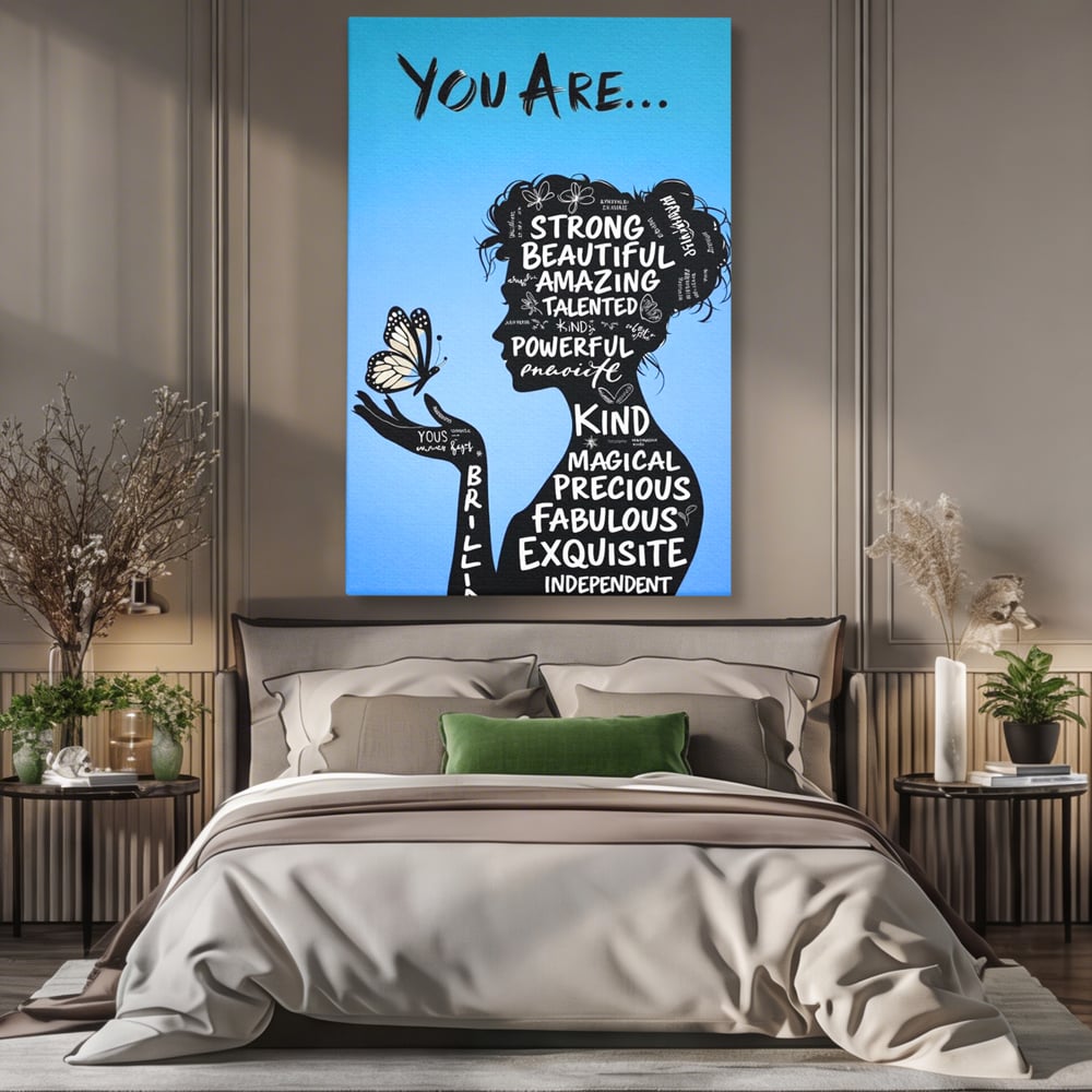 Tablou Canvas Premium, LuxCanva® Q1037, Identitate Inflorita,  Femeie, Fluture, Cuvinte, Mesaj, Motivational, Incredere, Armonie, Optimism, Birou, Dormitor
