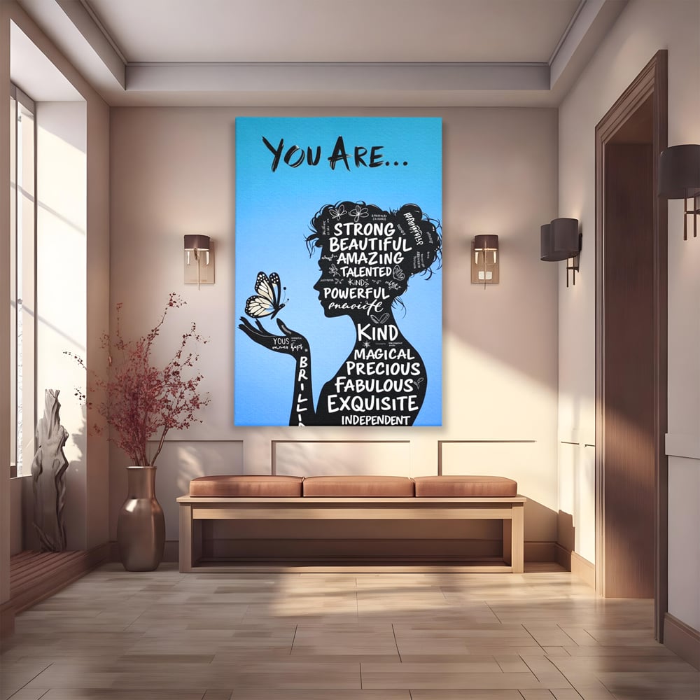 Tablou Canvas Premium, LuxCanva® Q1037, Identitate Inflorita,  Femeie, Fluture, Cuvinte, Mesaj, Motivational, Incredere, Armonie, Optimism, Birou, Dormitor