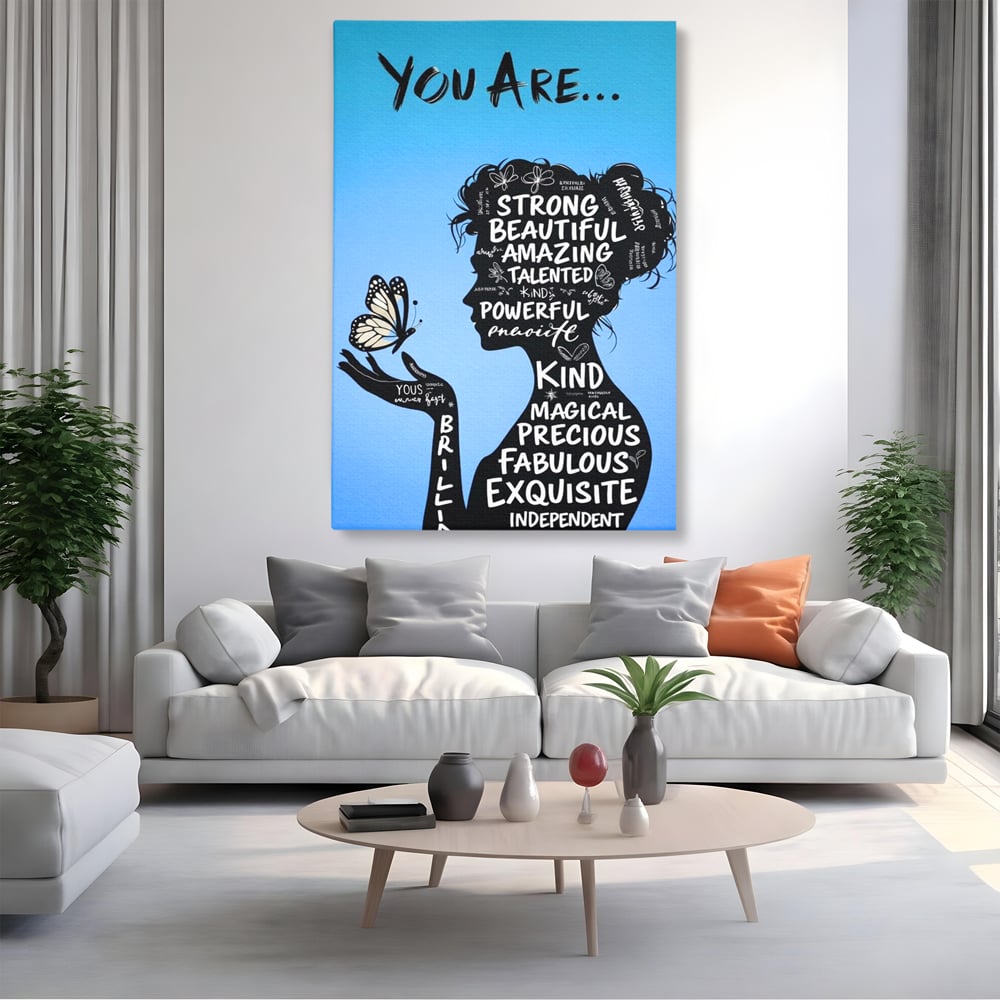 Tablou Canvas Premium, LuxCanva® Q1037, Identitate Inflorita,  Femeie, Fluture, Cuvinte, Mesaj, Motivational, Incredere, Armonie, Optimism, Birou, Dormitor