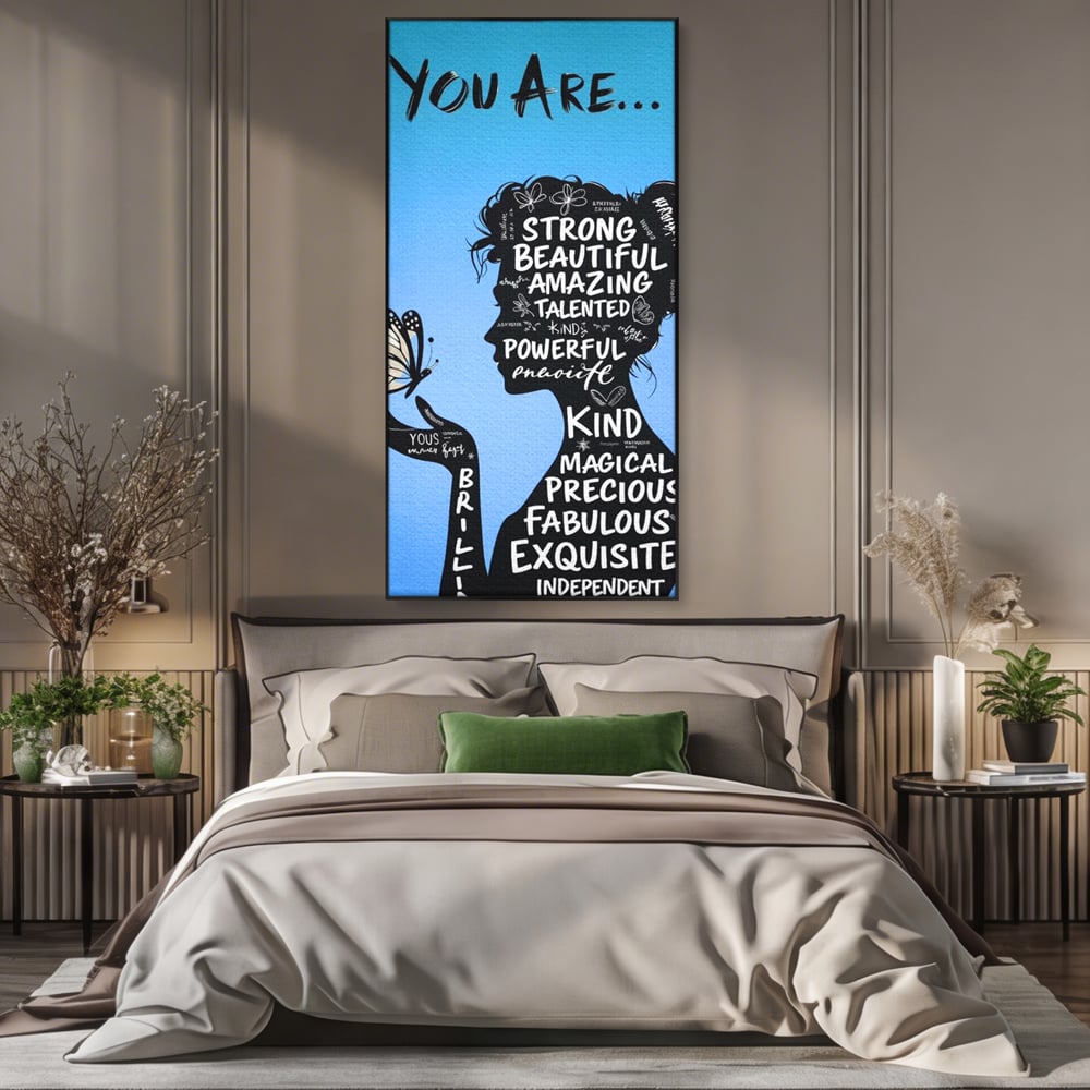 Tablou Canvas Premium, LuxCanva® Q1037, Identitate Inflorita,  Femeie, Fluture, Cuvinte, Mesaj, Motivational, Incredere, Armonie, Optimism, Birou, Dormitor