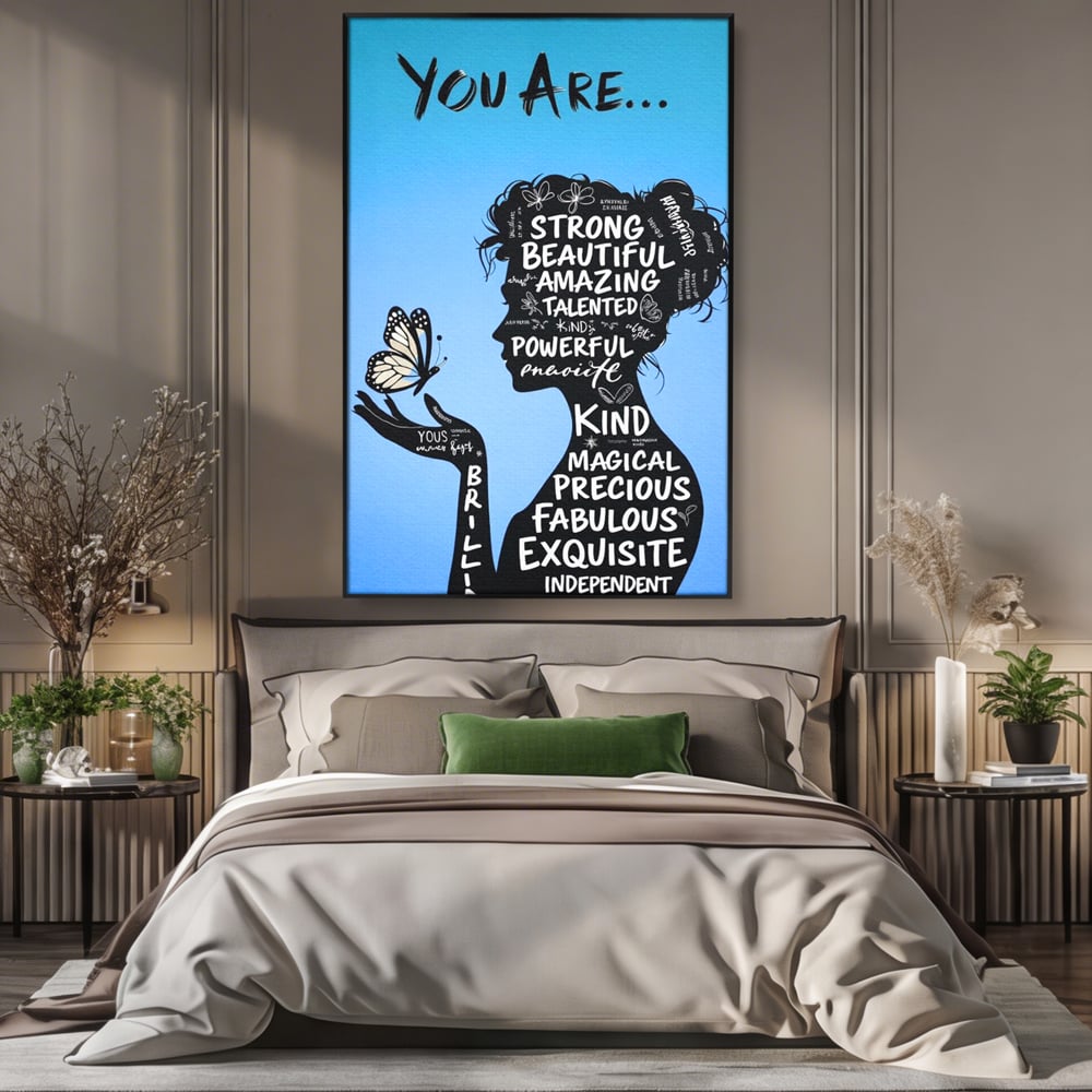 Tablou Canvas Premium, LuxCanva® Q1037, Identitate Inflorita,  Femeie, Fluture, Cuvinte, Mesaj, Motivational, Incredere, Armonie, Optimism, Birou, Dormitor