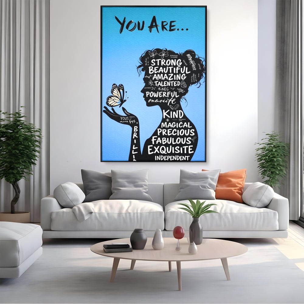 Tablou Canvas Premium, LuxCanva® Q1037, Identitate Inflorita,  Femeie, Fluture, Cuvinte, Mesaj, Motivational, Incredere, Armonie, Optimism, Birou, Dormitor