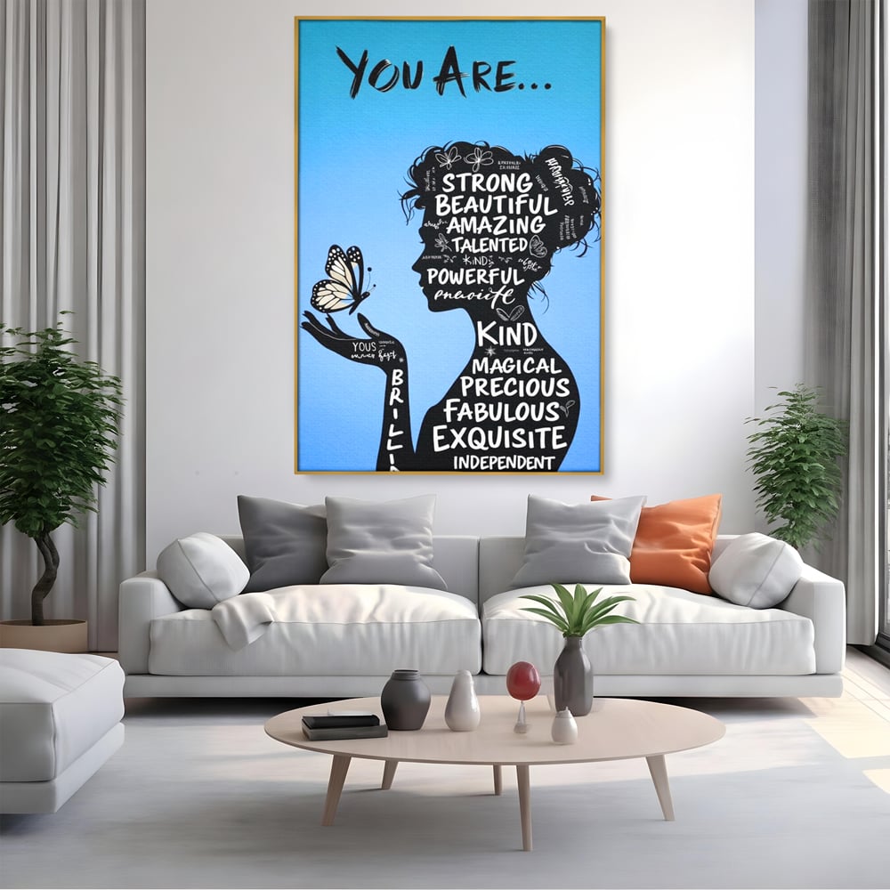 Tablou Canvas Premium, LuxCanva® Q1037, Identitate Inflorita,  Femeie, Fluture, Cuvinte, Mesaj, Motivational, Incredere, Armonie, Optimism, Birou, Dormitor
