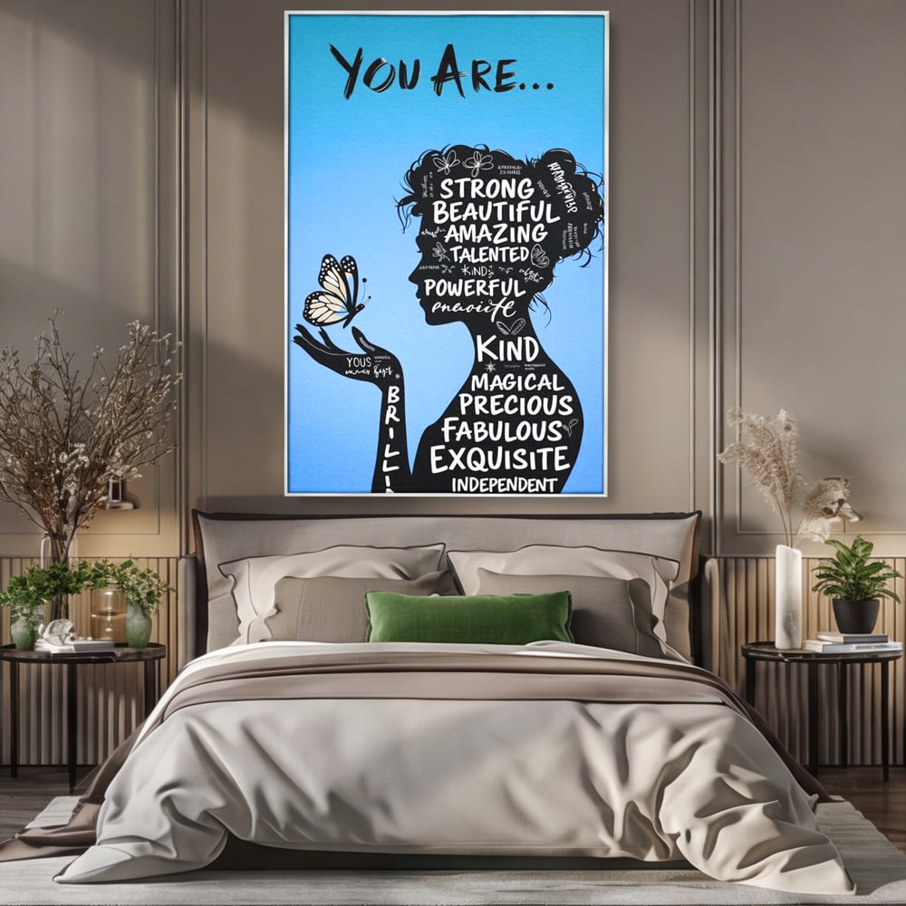 Tablou Canvas Premium, LuxCanva® Q1037, Identitate Inflorita,  Femeie, Fluture, Cuvinte, Mesaj, Motivational, Incredere, Armonie, Optimism, Birou, Dormitor