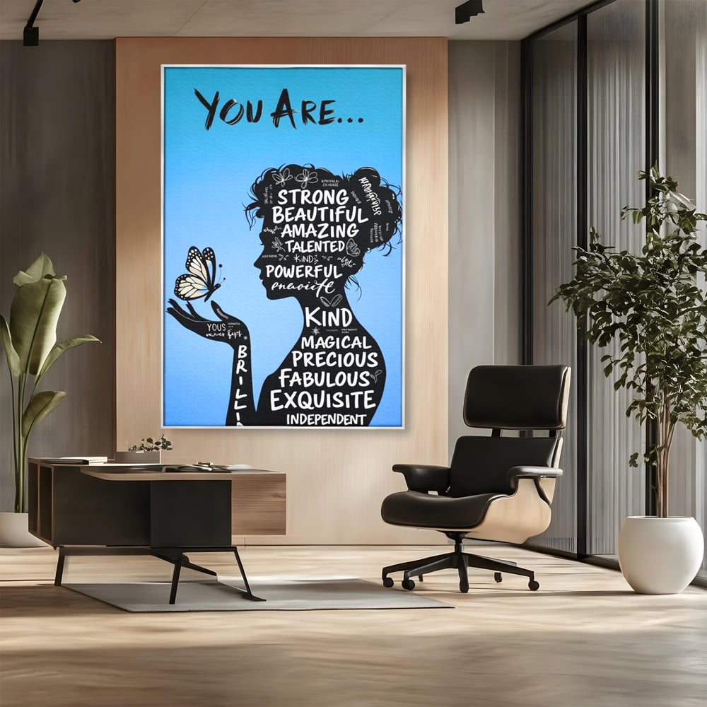 Tablou Canvas Premium, LuxCanva® Q1037, Identitate Inflorita,  Femeie, Fluture, Cuvinte, Mesaj, Motivational, Incredere, Armonie, Optimism, Birou, Dormitor