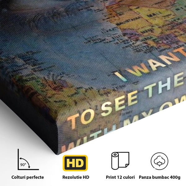 Leinwand Premium Leinwand Wandkunst, LuxCanva® Q1040, Die Welt durch ihre Augen, Augen, Weltkarte, Vision, Geographie, Reisen, Freiheit, Freiheit, Wissen, Büro, Schlafzimmer