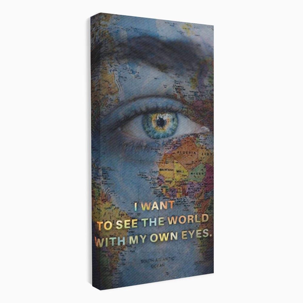 Leinwand Premium Leinwand Wandkunst, LuxCanva® Q1040, Die Welt durch ihre Augen, Augen, Weltkarte, Vision, Geographie, Reisen, Freiheit, Freiheit, Wissen, Büro, Schlafzimmer