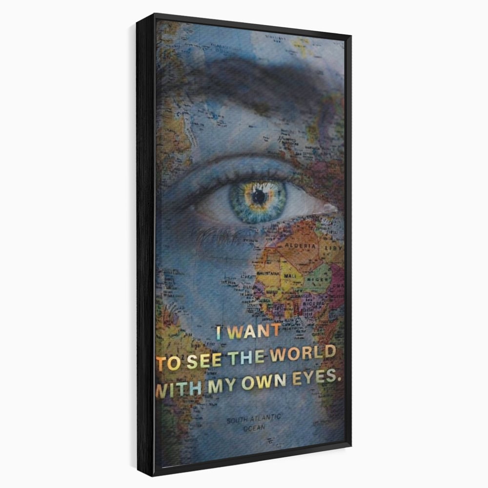 Leinwand Premium Leinwand Wandkunst, LuxCanva® Q1040, Die Welt durch ihre Augen, Augen, Weltkarte, Vision, Geographie, Reisen, Freiheit, Freiheit, Wissen, Büro, Schlafzimmer