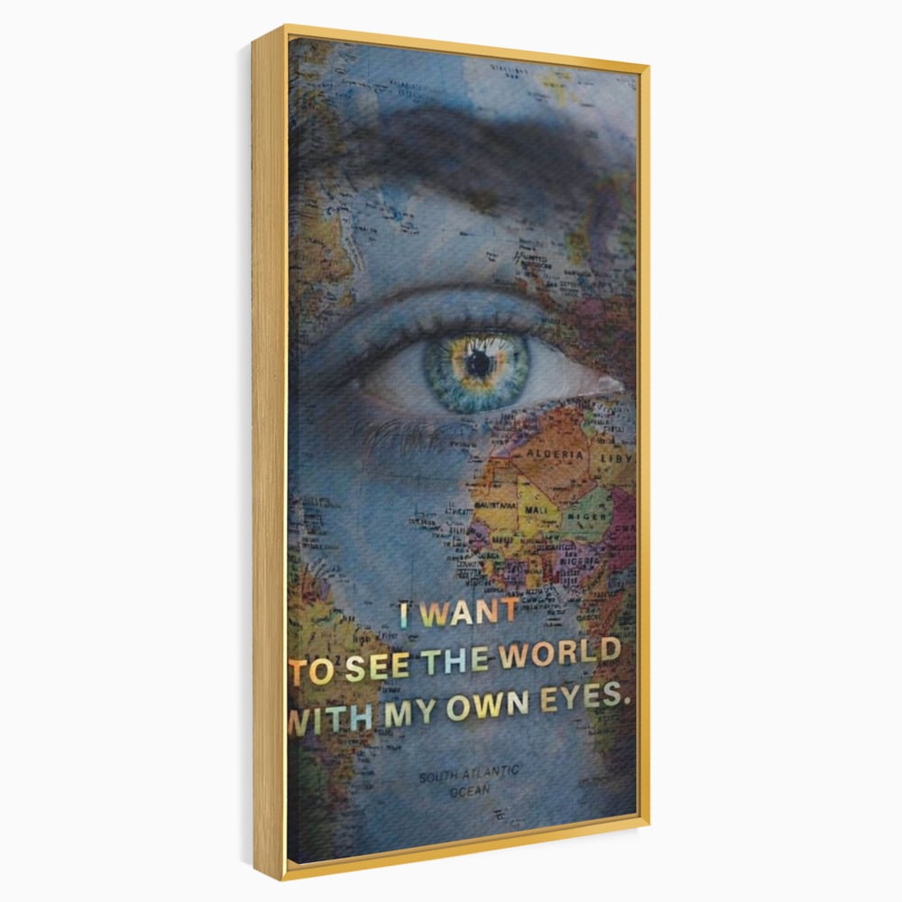 Leinwand Premium Leinwand Wandkunst, LuxCanva® Q1040, Die Welt durch ihre Augen, Augen, Weltkarte, Vision, Geographie, Reisen, Freiheit, Freiheit, Wissen, Büro, Schlafzimmer