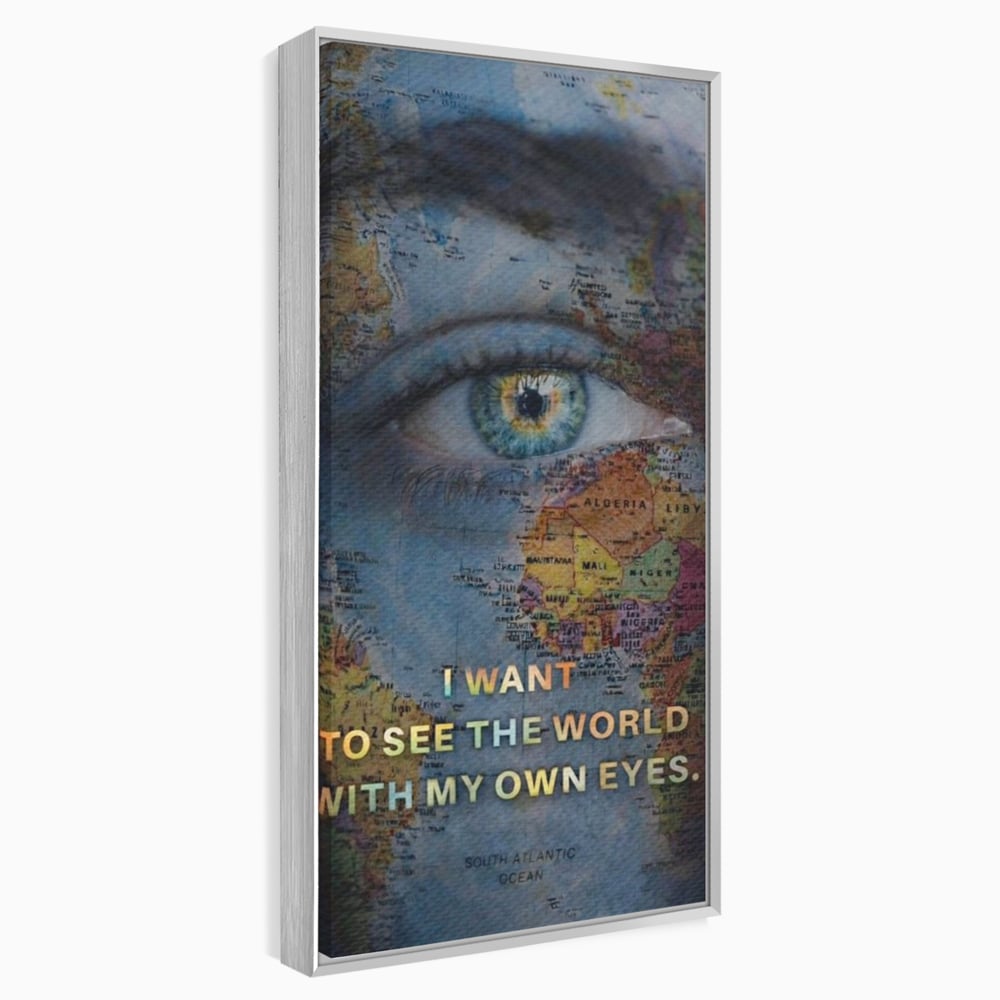 Leinwand Premium Leinwand Wandkunst, LuxCanva® Q1040, Die Welt durch ihre Augen, Augen, Weltkarte, Vision, Geographie, Reisen, Freiheit, Freiheit, Wissen, Büro, Schlafzimmer