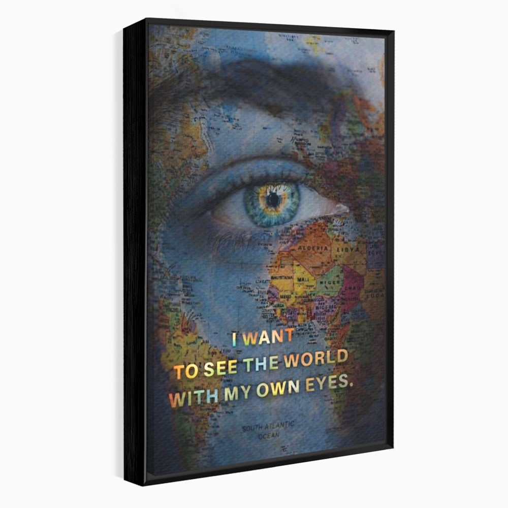 Leinwand Premium Leinwand Wandkunst, LuxCanva® Q1040, Die Welt durch ihre Augen, Augen, Weltkarte, Vision, Geographie, Reisen, Freiheit, Freiheit, Wissen, Büro, Schlafzimmer