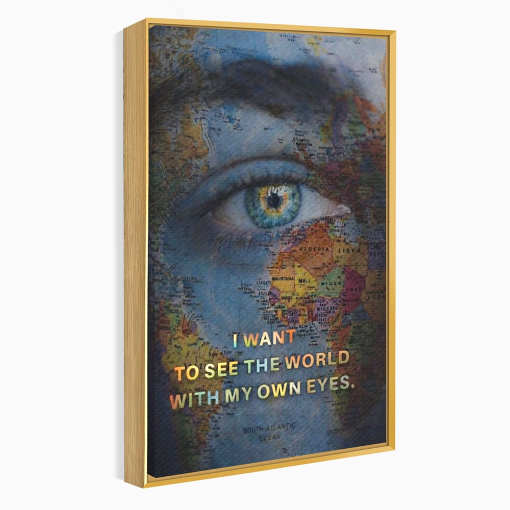 Leinwand Premium Leinwand Wandkunst, LuxCanva® Q1040, Die Welt durch ihre Augen, Augen, Weltkarte, Vision, Geographie, Reisen, Freiheit, Freiheit, Wissen, Büro, Schlafzimmer