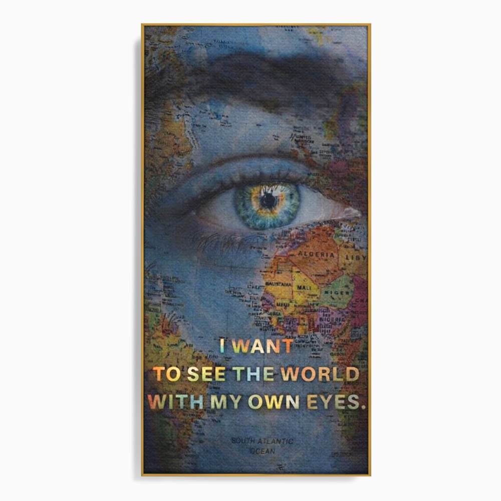 Leinwand Premium Leinwand Wandkunst, LuxCanva® Q1040, Die Welt durch ihre Augen, Augen, Weltkarte, Vision, Geographie, Reisen, Freiheit, Freiheit, Wissen, Büro, Schlafzimmer