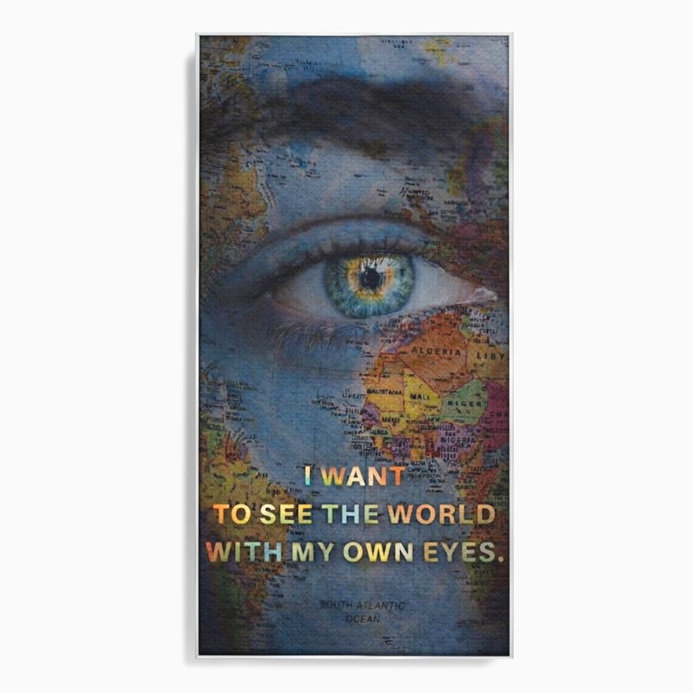 Leinwand Premium Leinwand Wandkunst, LuxCanva® Q1040, Die Welt durch ihre Augen, Augen, Weltkarte, Vision, Geographie, Reisen, Freiheit, Freiheit, Wissen, Büro, Schlafzimmer