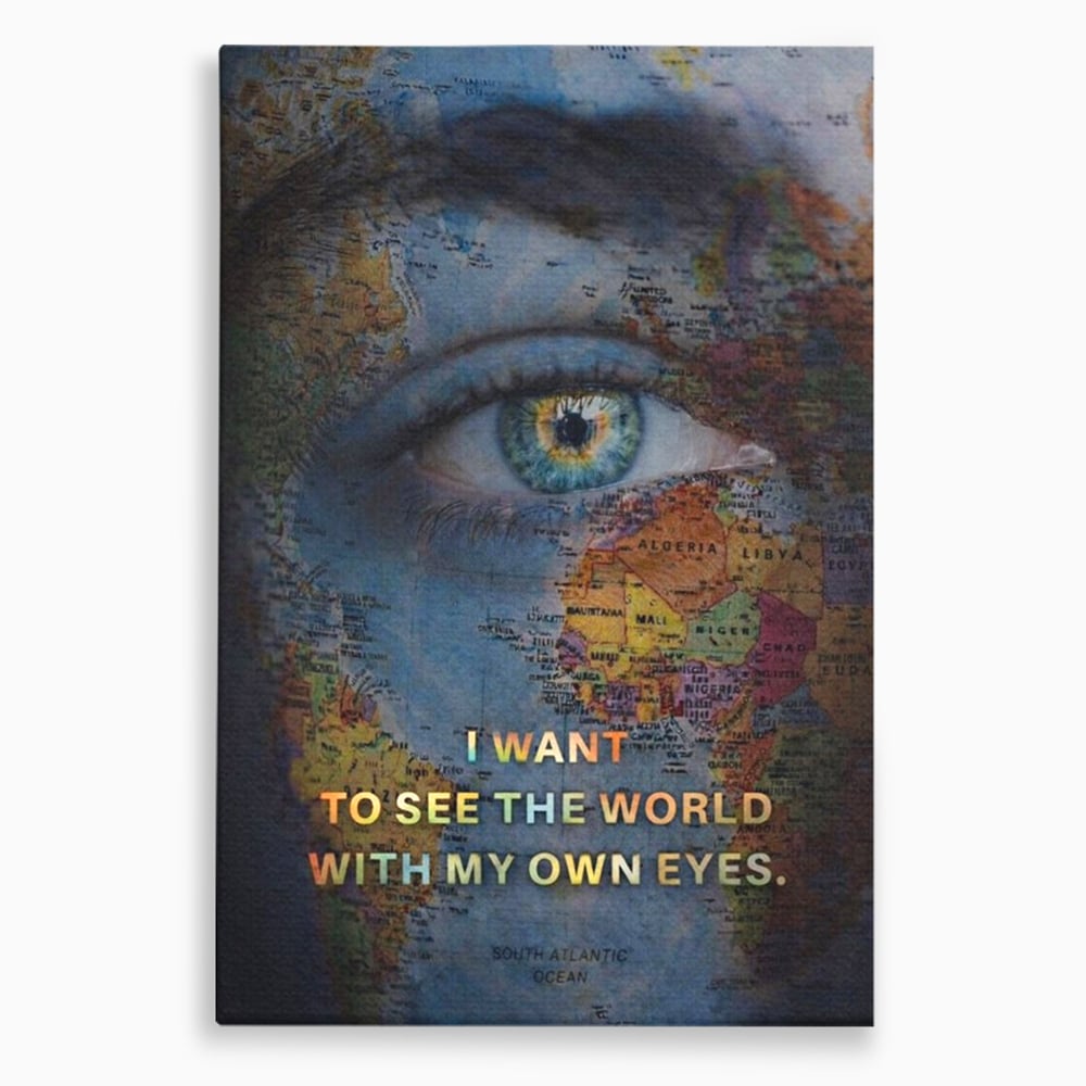 Leinwand Premium Leinwand Wandkunst, LuxCanva® Q1040, Die Welt durch ihre Augen, Augen, Weltkarte, Vision, Geographie, Reisen, Freiheit, Freiheit, Wissen, Büro, Schlafzimmer