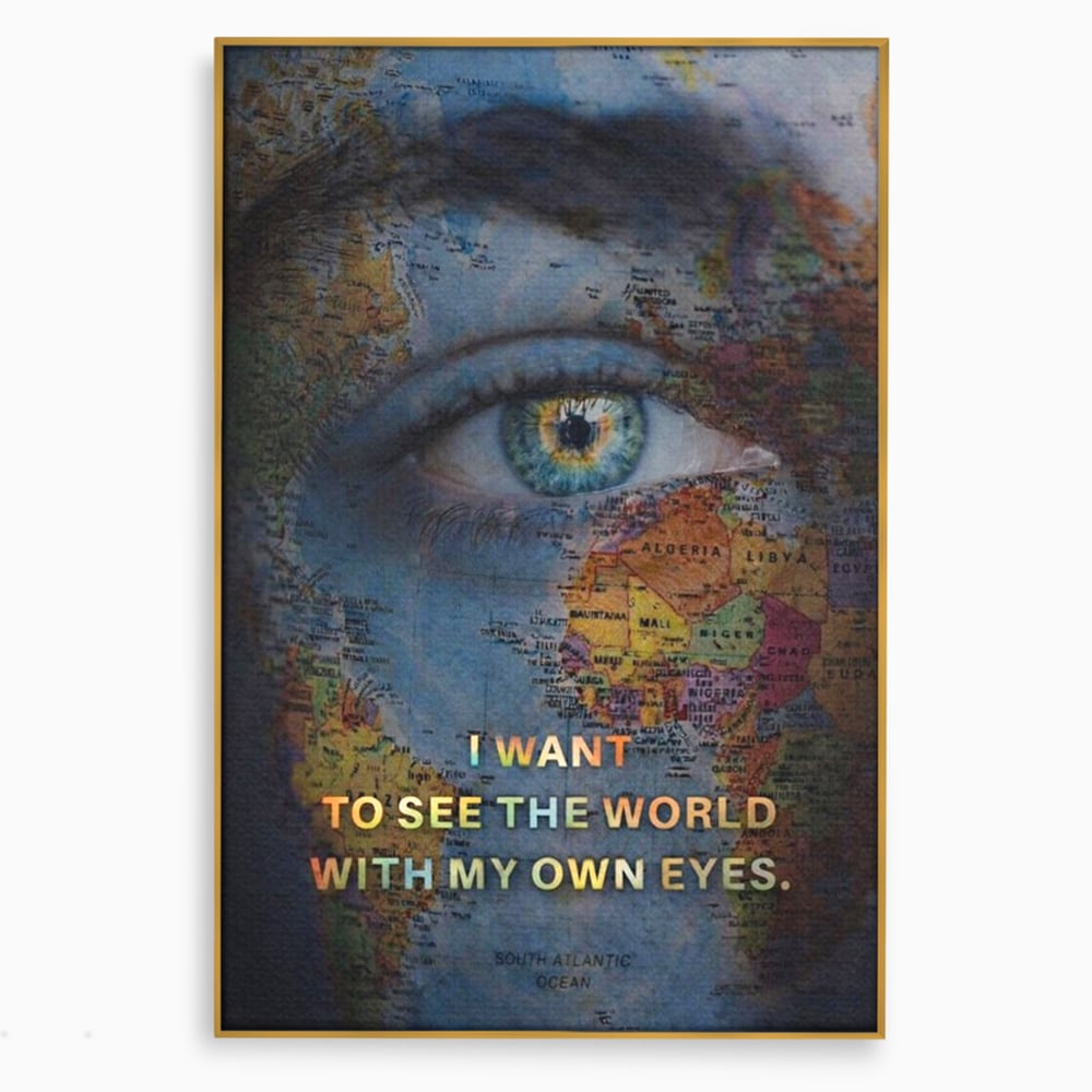 Leinwand Premium Leinwand Wandkunst, LuxCanva® Q1040, Die Welt durch ihre Augen, Augen, Weltkarte, Vision, Geographie, Reisen, Freiheit, Freiheit, Wissen, Büro, Schlafzimmer