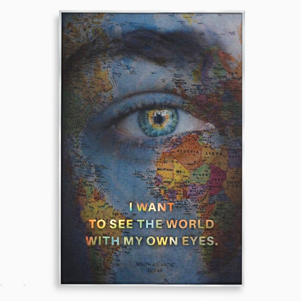 Leinwand Premium Leinwand Wandkunst, LuxCanva® Q1040, Die Welt durch ihre Augen, Augen, Weltkarte, Vision, Geographie, Reisen, Freiheit, Freiheit, Wissen, Büro, Schlafzimmer