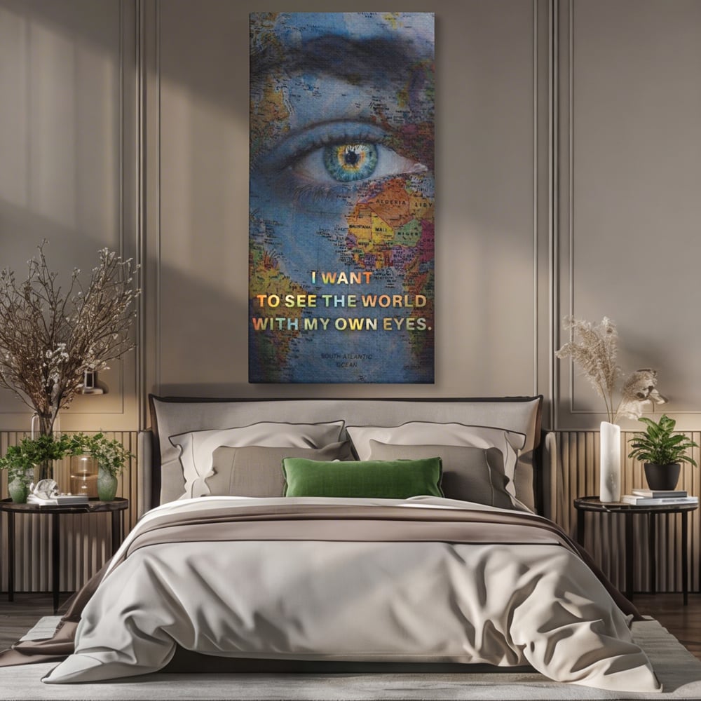 Leinwand Premium Leinwand Wandkunst, LuxCanva® Q1040, Die Welt durch ihre Augen, Augen, Weltkarte, Vision, Geographie, Reisen, Freiheit, Freiheit, Wissen, Büro, Schlafzimmer
