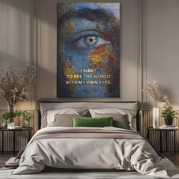 Leinwand Premium Leinwand Wandkunst, LuxCanva® Q1040, Die Welt durch ihre Augen, Augen, Weltkarte, Vision, Geographie, Reisen, Freiheit, Freiheit, Wissen, Büro, Schlafzimmer