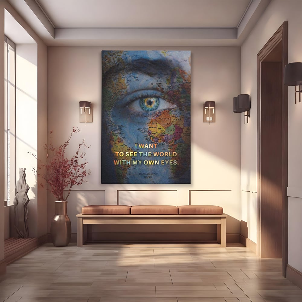 Leinwand Premium Leinwand Wandkunst, LuxCanva® Q1040, Die Welt durch ihre Augen, Augen, Weltkarte, Vision, Geographie, Reisen, Freiheit, Freiheit, Wissen, Büro, Schlafzimmer