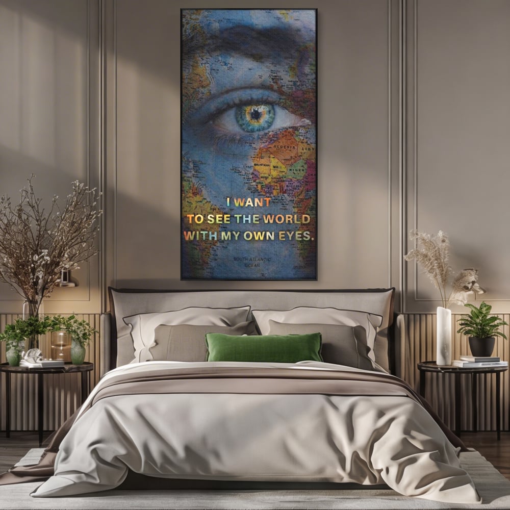 Leinwand Premium Leinwand Wandkunst, LuxCanva® Q1040, Die Welt durch ihre Augen, Augen, Weltkarte, Vision, Geographie, Reisen, Freiheit, Freiheit, Wissen, Büro, Schlafzimmer