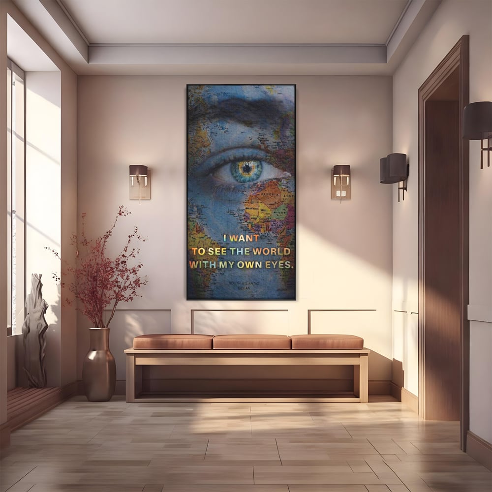 Leinwand Premium Leinwand Wandkunst, LuxCanva® Q1040, Die Welt durch ihre Augen, Augen, Weltkarte, Vision, Geographie, Reisen, Freiheit, Freiheit, Wissen, Büro, Schlafzimmer