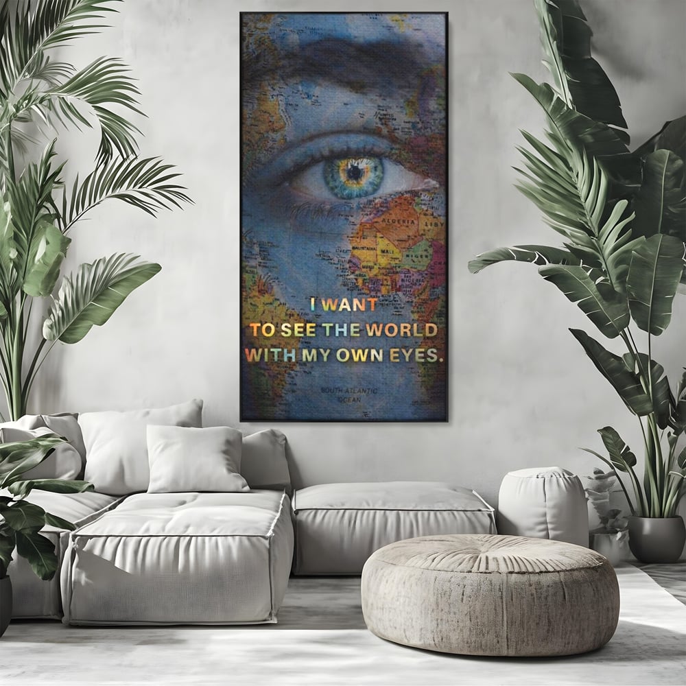 Leinwand Premium Leinwand Wandkunst, LuxCanva® Q1040, Die Welt durch ihre Augen, Augen, Weltkarte, Vision, Geographie, Reisen, Freiheit, Freiheit, Wissen, Büro, Schlafzimmer