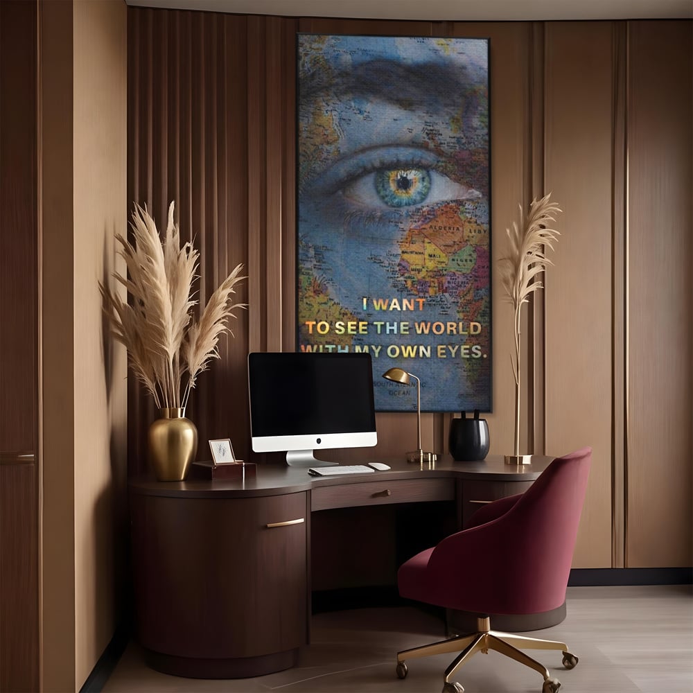 Leinwand Premium Leinwand Wandkunst, LuxCanva® Q1040, Die Welt durch ihre Augen, Augen, Weltkarte, Vision, Geographie, Reisen, Freiheit, Freiheit, Wissen, Büro, Schlafzimmer