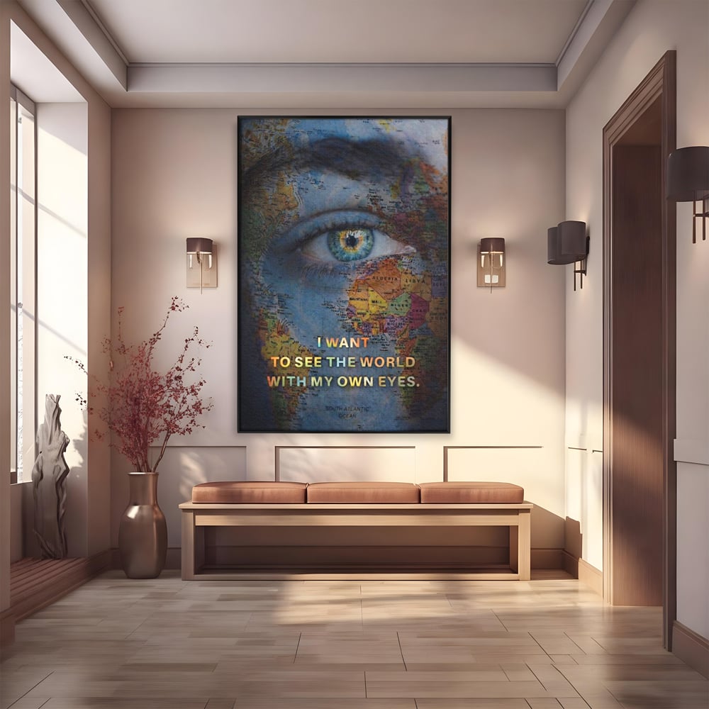 Leinwand Premium Leinwand Wandkunst, LuxCanva® Q1040, Die Welt durch ihre Augen, Augen, Weltkarte, Vision, Geographie, Reisen, Freiheit, Freiheit, Wissen, Büro, Schlafzimmer