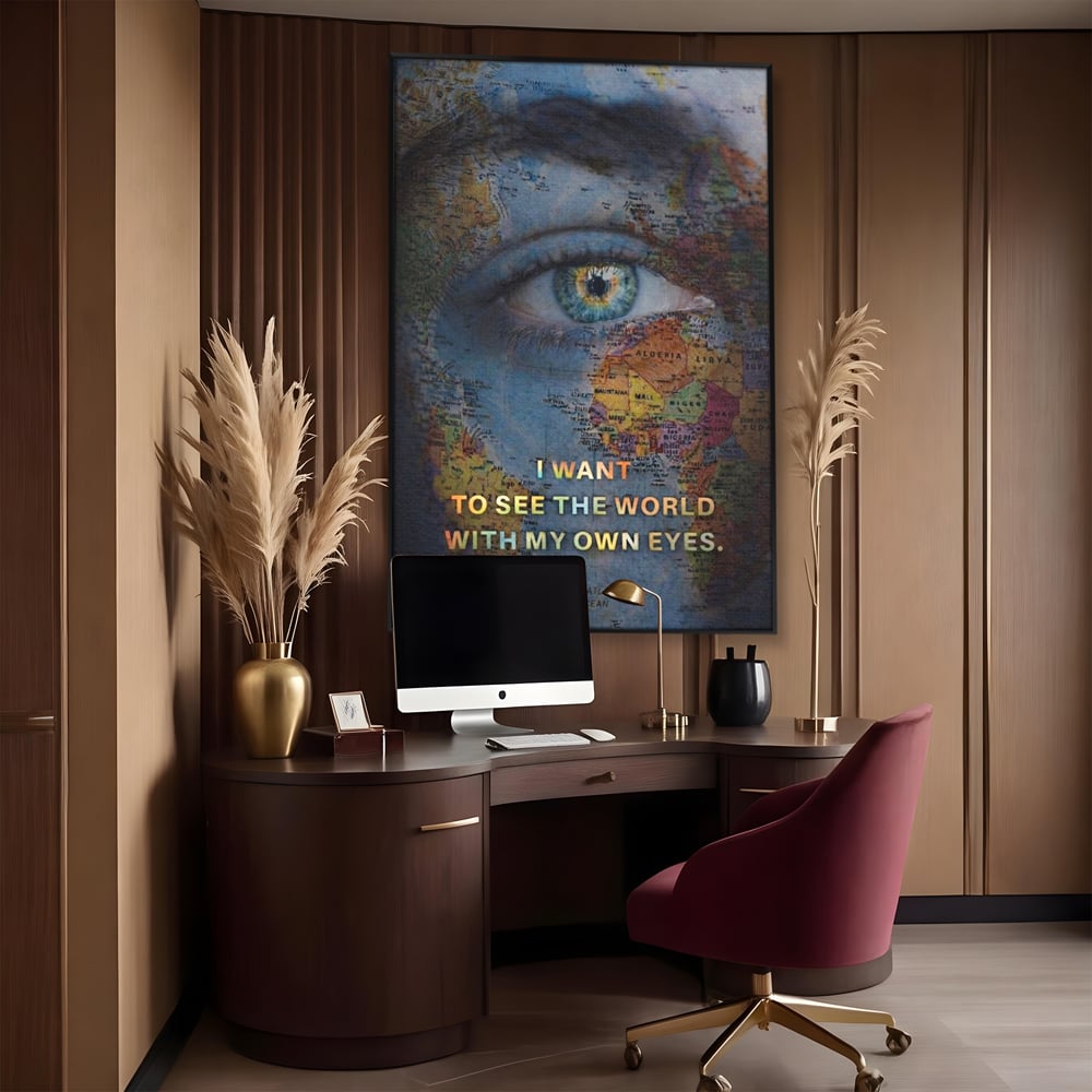 Leinwand Premium Leinwand Wandkunst, LuxCanva® Q1040, Die Welt durch ihre Augen, Augen, Weltkarte, Vision, Geographie, Reisen, Freiheit, Freiheit, Wissen, Büro, Schlafzimmer