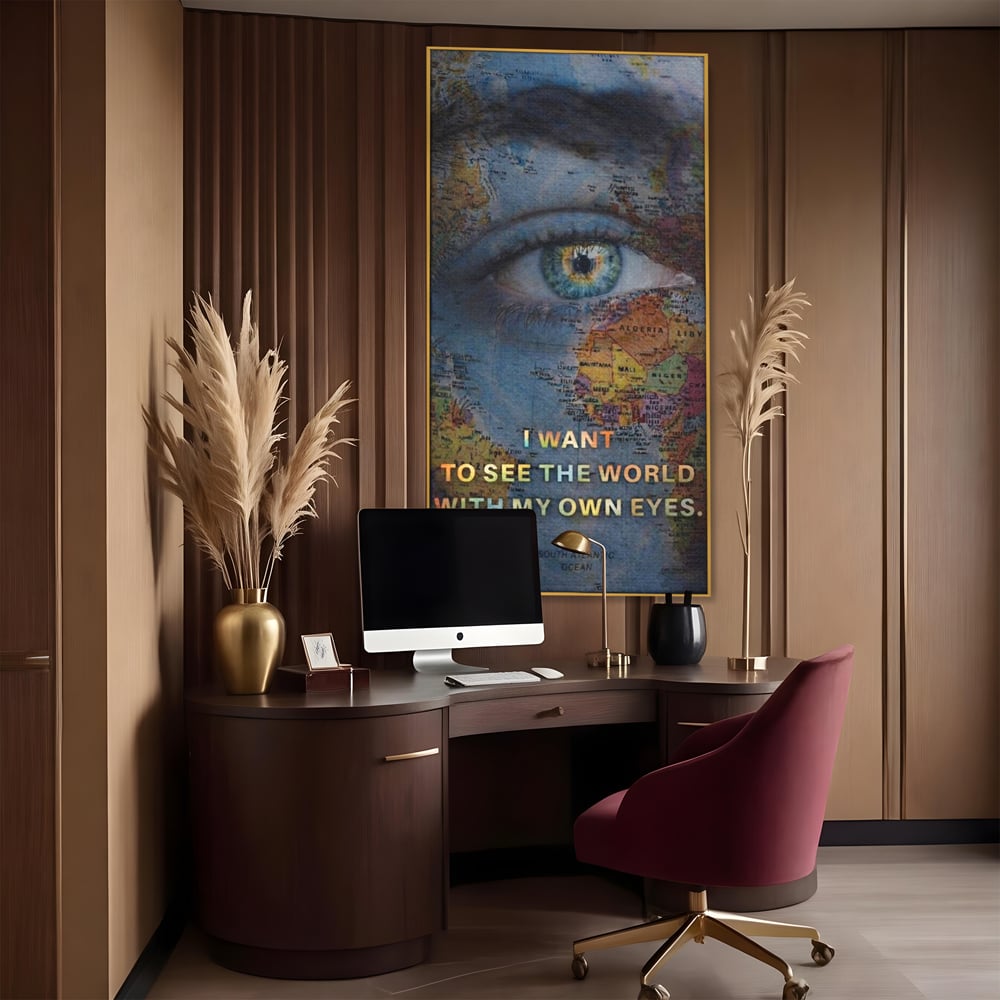 Leinwand Premium Leinwand Wandkunst, LuxCanva® Q1040, Die Welt durch ihre Augen, Augen, Weltkarte, Vision, Geographie, Reisen, Freiheit, Freiheit, Wissen, Büro, Schlafzimmer